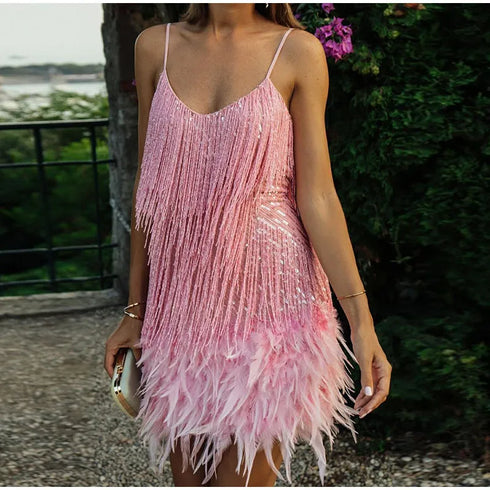 Elegant Sequined Mini Dress with Tassels and Feathers for Women - Spaghetti Strap Evening Party Attire
